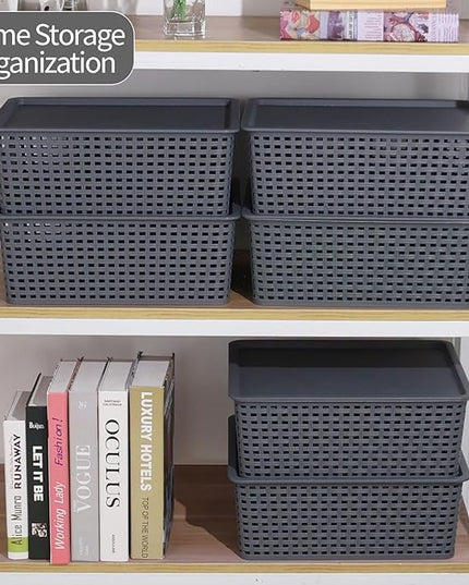 Xyskin 6 Pack Weave Storage Baskets with Lids, Plastic Stackable Storage Basket for Multipurpose, Gray