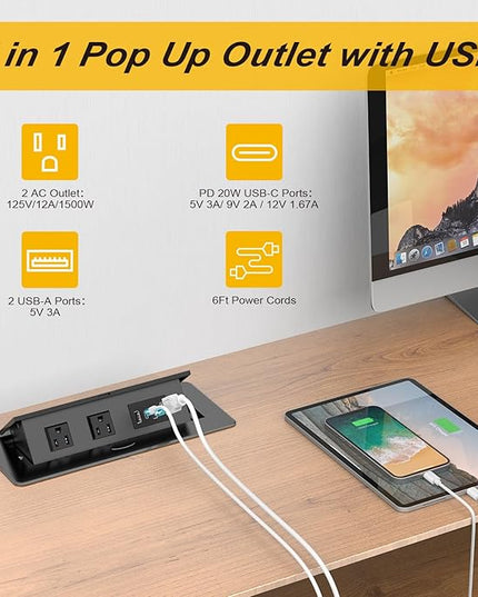 UL Listed Recessed Power Strip, Pop Up Power Cover Box Desktop Socket with PD 20W USB C Charging Ports, Stainless Steel Receptacle Outlet for Conference Room Countertop (Black-USB C)