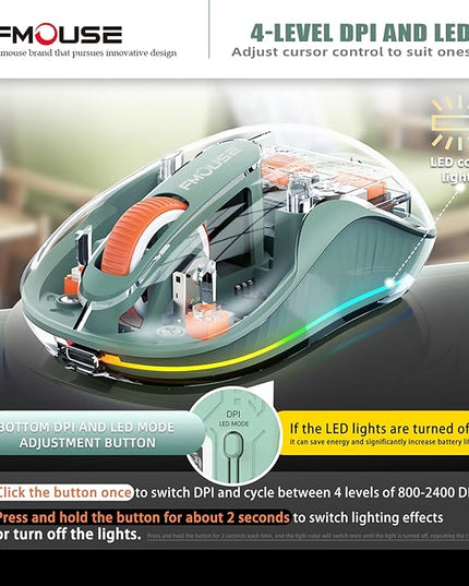 Interesting Transparent Wireless Mouse, Dual Bluetooth & 2.4GHz for Multi Device, USB-C Receiver Ideal for MacBook/Laptops, Rechargeable, Cool LED, Silent, Small Portable, for Travel - Green