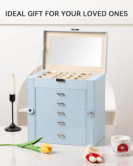 Frebeauty Large Jewelry Box,6-Tier PU Leather Jewelry Organizer,Multi-functional Storage Case with Mirror,Accessories Holder with 5 Drawers for Necklace Bracelets Watches(Sky Blue)