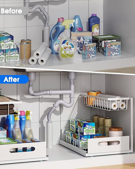Under Sink Organizer, 2 Tier Pull-Out Cabinet Storage Shelf, Rust-Resistant Metal Organizer for Kitchen Bathroom Laundry Room, No Tools Installation, 1 Pack White