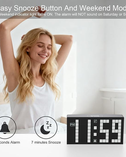 KWANWA Digital Alarm Clock with Auto-Dimmable LED Pixel Display, Weekend Alarm Mode, Plug-in Power with Battery Backup, DST Adjustment, Small Clock for Bedroom Desk (White LED)
