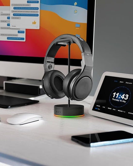 Rotating Headphone Display Stand for Desk with LED Lights - Spinning Gaming Headset Stand (Black)
