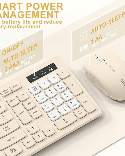 Silent Wireless Keyboard and Mouse Combo, Full-Sized Wireless Keyboard and Adjustable DPI Mouse, 2.4GHz USB Receiver, Keyboard and Mouse for PC, Windows, MAC, Desktop, Laptop(Latte-Color B)