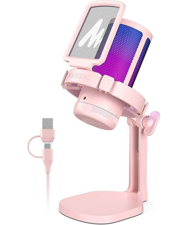 MAONO Gaming Microphone with Noise Cancellation, USB Condenser Mic for Streaming, Podcast, Twitch, YouTube, Discord, PC Desktop Computer Mic for PS5, GamerWave DGM20 Pink