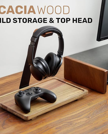 WILDMOS Headphone Stand for Desk,Acacia Wood Tray with Headphone Holder,Gaming Headset Stand,Desk Accessories for Desktop Storage