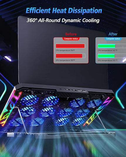 Laptop Cooling Pad with 12 Quiet Fans, Slim Portable for 12-17.3 Inch Laptop Cooler Stand with 5 Height Adjustable, Ergonomic Gaming Cooling Fan Pad with Two USB Ports & Phone Holder (Gear)