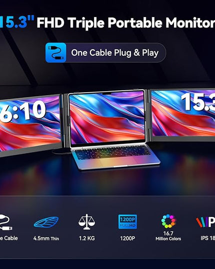 15.3" Laptop Triple Screen Extender Portable, One Cable Connection Laptop Monitor FHD 1080P IPS, Ultra Thin Dual Monitor for 13-17" Laptops, Plug & Play Compatiable with Win/Mac/Chrome/Android/Switch