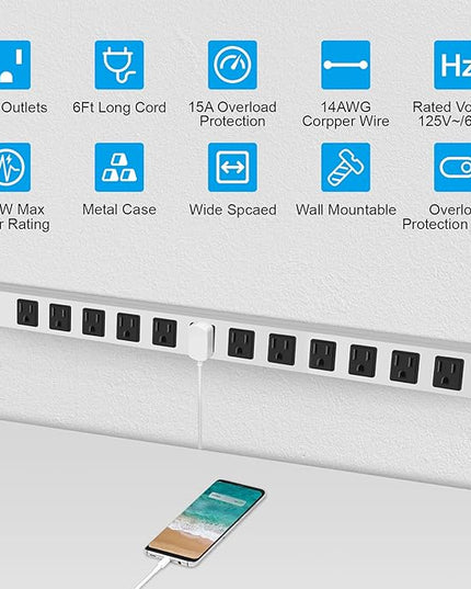 JUNNUJ Metal 12 Outlet Power Strip, Mountable Heavy Duty Power Strip, 1200J Surge Protector Wall Mount Screws Outlet with Switch, Gaming Desk Strips Wide Spaced 15A 125V 1875W, 6 FT 14AWG Power Cord