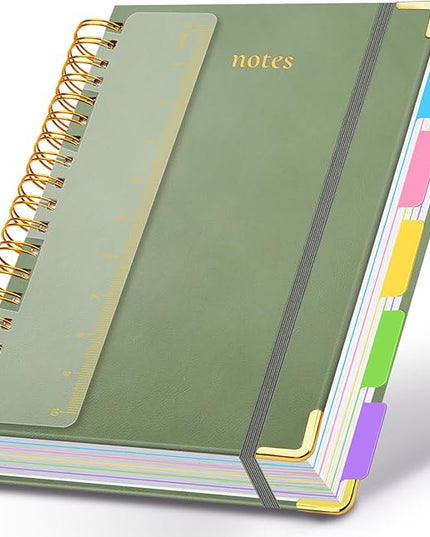 Hardcover Spiral Notebook 8.5"x11" Journal Notebook with Tabs and Removable Dividers 300 Pages 5 Subject Notebook College Ruled, Faux Leather Spiral Bound Notebook for Women School Work (Sage Green)