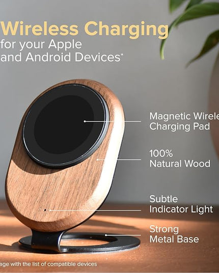 ARK Uno - Solid Wood MagSafe Stand Magnetic Wireless Charging Station w/Adapter & USB to USB C15W Wireless Charger. for iPhone 12-17 & Some Samsung. Home, Office, Kitchen,Best Mens Gifts!