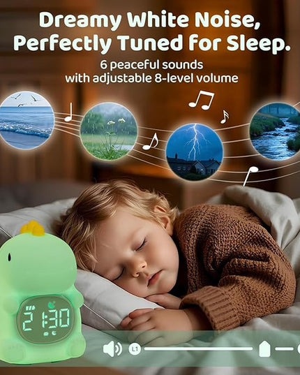 Dinosaurs Alarm Clock with Night Light for Kids with Sleep Training and Sound Machine, Rechargeable Silicone Lamp OK to Wake Clock，Cute Animal Tabletop Lamp, Perfect Sleep Companion for Boys Girls