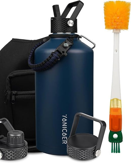 Insulated Water Bottle 128oz,Triple Wall Vacuum Stainless Steel(Dishwasher Safe),Leak Proof & Non-BPA,Flask Jug with Paracord Handle & Straw Spout Lids Sports Navy Blue