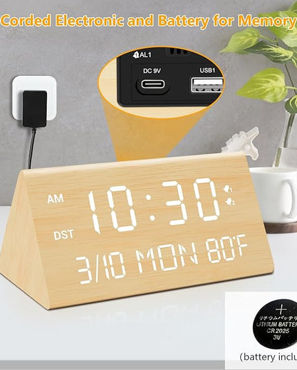 Kogonee Wooden Digital Alarm Clock, 0-100% Dimmer, 2 Alarm Settings, Weekday/Everyday Mode, 9 Mins Snooze, 12/24H, Temperature and Date Display for Office, Travel, Bedroom Alarm Clock (Bamboo)