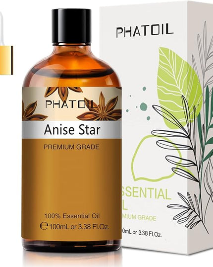 Anise Star 3.38fl.oz Essential Oil, PHATOIL Pure Aromatherapy Oils for Diffuser, Humidifier, Perfect for DIY Soap, Candle, Bath Bombs Making(100ml)
