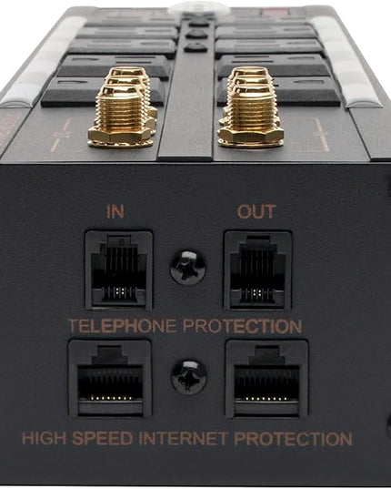 Tripp Lite Isobar 10 Outlet Audio/Video Surge Protector Tel/Modem/Coax/Network 8ft Cord Right Angle Plug, & $500,000 Insurance (HT10DBS) Black