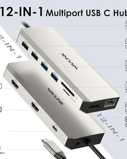 WAVLINK USB C Laptop Docking Station Dual Monitor for Dell/Lenovo/HP/XPS, USB-C Hub Multiport Adapter Dongle Dock with 2 HDMI, DisplayPort, Ethernet Hub, 85W Power Delivery, SD Card Reader, Audio