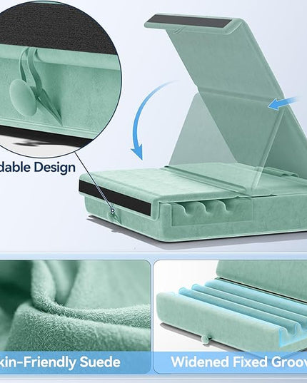 KDD Tablet Pillow Holder, Foldable iPad Stand for Lap, Bed and Desk -Tablet Soft Pad Dock with Pocket & Stylus Mount Compatible with iPad Pro 12.9, 10.5, 9.7 Air Mini 6 5 4 3, E-Reader