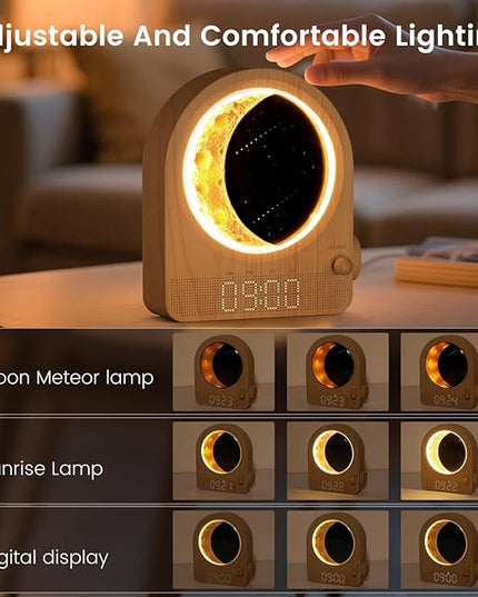 Sunrise Alarm Clock, White Noise Machine & Meteor Moonlight - 10 Soothing Sounds, Dual Alarms, 30/60/90min Timer, Easy Snooze - Bedroom Gift for Insomnia Adults/Women - Wood Grain