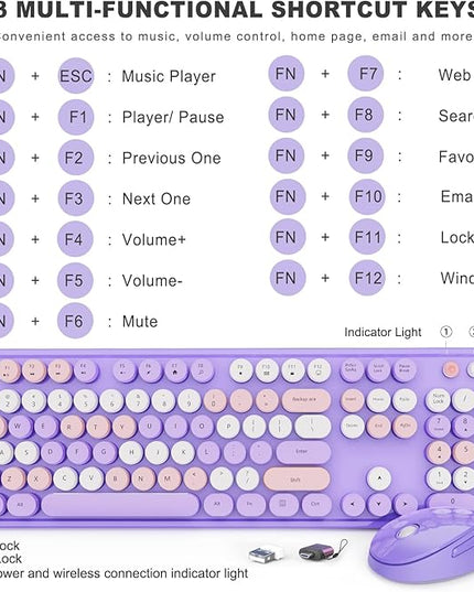 Wireless Keyboard and Mouse Combo, Ergonomic Full Size Typewriter Retro Round Keycaps Keyboard, Compatible with Windows, PC, Perfer for Home and Office Keyboards (Purple