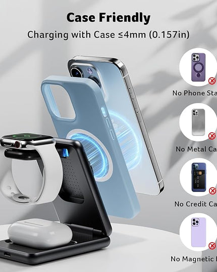 Acer 3 in 1 Charging Station for iPhone, Wireless Charger Stand,15W Fast MagSafe Charger for iPhone 17 16 15 14 13 12 Series-Apple Watch 10 9 8 7 6 5 4 3 2 SE and Ultra Series-Airpods 4 3 2 Pro Series