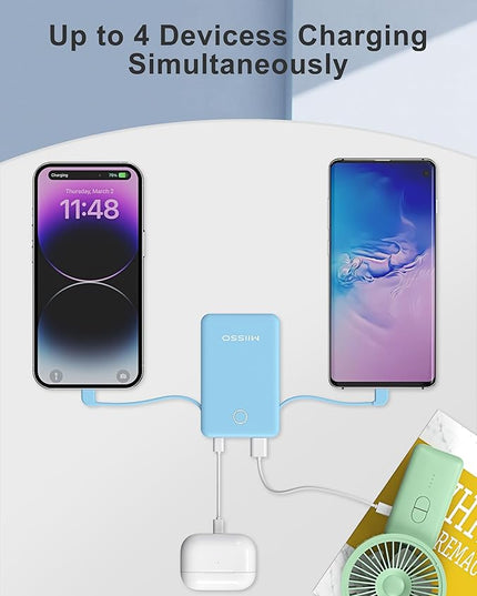 6000mah Ultra Slim Built in Cables Power Bank, Card Size Built in USB C Cords Battery Pack Portable Charger for Phones, 3 Output External Battery Pack Compatible with iPhone, Blue