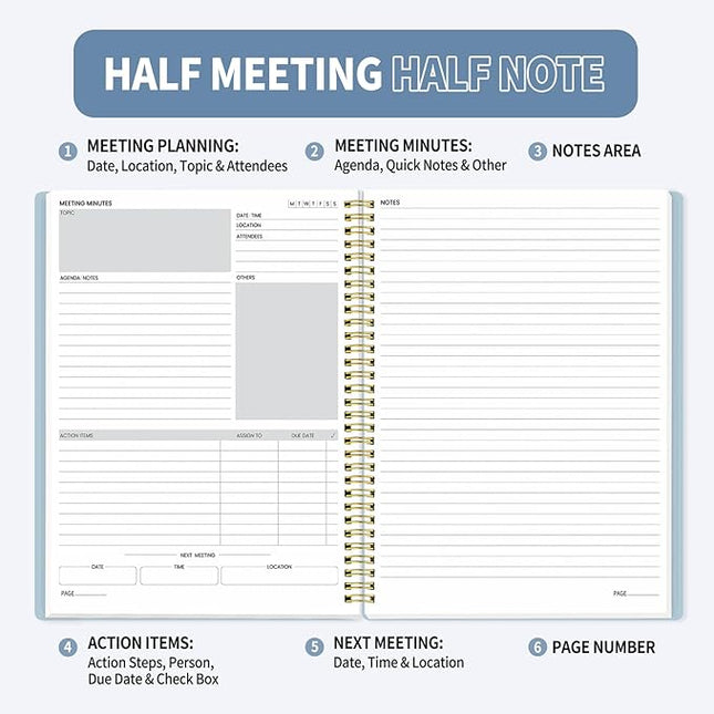 SUNEE Half Meeting Half Note - 8.5"x11" Professional Notebooks for Work - 160 Pages, A4 Size Project Planner, Spiral Meeting Agenda/Minutes Organizer for Women, Note Taking, Office&Business, Blue