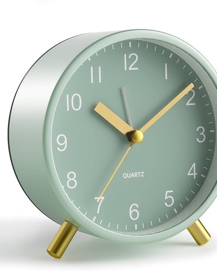 Analog Alarm Clock, 4 inch Super Silent Non Ticking Small Clock with Night Light, Battery Operated, Simple Design, easy setting for Office, Bedroom, Bedside, Desk, teens, elders, kids, adult, Green