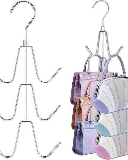 Purse Hanger Organizer for Closet, Space Saving Metal Hook Rack for Handbags, Belts, Ties, Scarves, Keep Items Visible & in Shape, 360° Swivel Storage Hanger, Silver