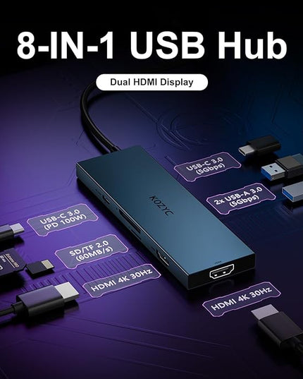 USB C Docking Station Dual Monitor, 8-in-1 USBC Hub with 2 HDMI Ports, USB-C 3.0, 2xUSB-A 3.0, SD/TF, 100W PD, Compatible with HP, Dell