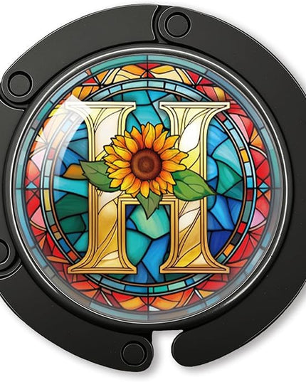 YAZMEEN Stained Glass Initial Foldable Purse Hook for Table, Stained Glass Letter H, Women's Handbag Hanger Holder, Portable Purse Table Hanger, Funny Desk Hook Gifts for Mom Wife Sister Friend BFF