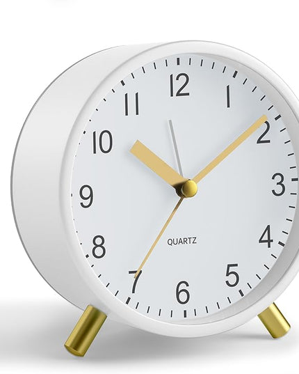Analog Alarm Clock, 4 inch Super Silent Non Ticking Small Clock with Night Light, Battery Operated, Simple Design, easy setting for Office, Bedroom, Bedside, Desk, teens, elders, kids, adult, White