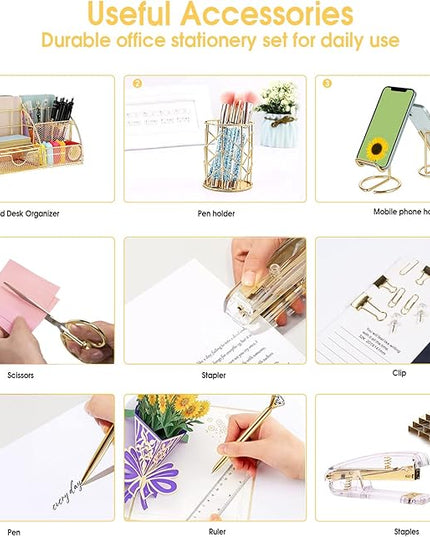 Gold Desk Organizers and Accessories Office Supplies Set Stapler, Pen Holder, Phone Holder, Scissors, Pen, Ruler, 30 Paper Clips, 22 Binder Clip, 20 Tacks and 1000pcs Staples (Gold)
