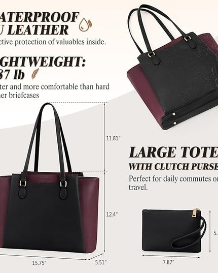 RAINSMORE Laptop Bag for Women 15.6 Inch Work Tote Bags Waterproof Computer Bags Leather Professional Laptop Purse Womens Laptop Briefcase Large Handbag for Office Teacher Travel, Black and Purple