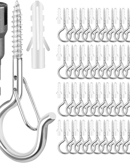 FSAH 48 PCS Q-Hanger Hooks, Screw Hooks for Outdoor String Lights, Safety Buckle Design Cup Eye Hook for Hanging Christmas Lights, Plants, Mounted on Wall Ceiling, Include 1 Wing Nut Driver, Silver
