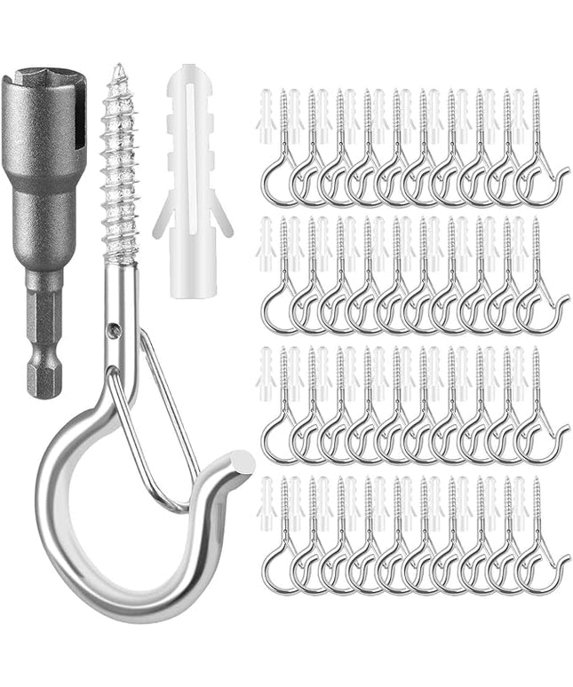 FSAH 96 PCS Q-Hanger Hooks, Screw Hooks for Outdoor String Lights, Safety Buckle Design Cup Eye Hook for Hanging Christmas Lights, Plants, Mounted on Wall Ceiling, Include 1 Wing Nut Driver, Silver
