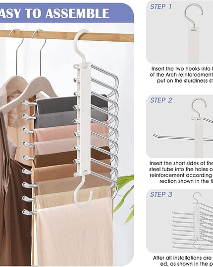 Upgrade 9 Layers Pants Hangers Space Saving, 2 Pack Pant Hangers Organizer Multifunctional Pants Rack Space Saver Closet Organizers and Storage Hangers for Pants Jeans Leggings Trousers Skirts, White