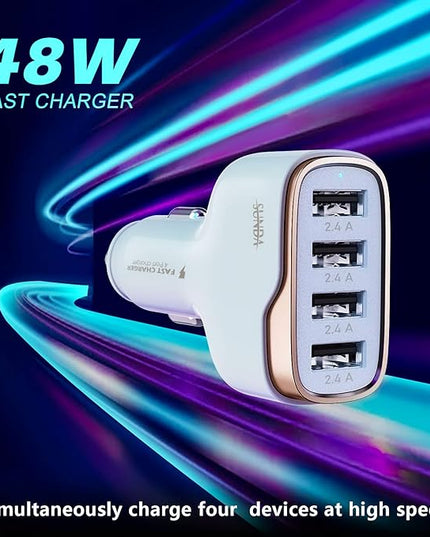 SUNDA 48W/9.6A USB Fast Car Charger, 4-Ports Car Charger Adapter for Apple and Android Smart-Phones, Car Phone Smart Charger Compatible with iPhone17/16 Pro/Max/iPhone 15/Pad Pro/Galaxy/Samsung