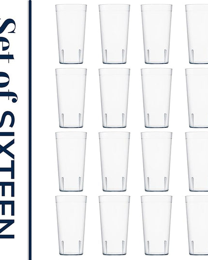 US Acrylic Cafe Plastic Reusable Tumblers (Set of 16) 20-ounce Water Cups in Clear | Value Set of Restaurant Style Drinking Glasses, Stackable, BPA-free, Made in the USA | Top-rack Dishwasher Safe