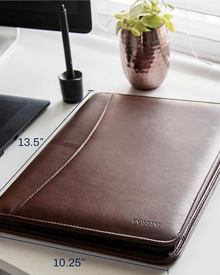 Cossini Premium Business Portfolio with Zipper – Padfolio - Superior Business Impressions Begin with PU Vegan Leather, 10.1 Inch Tablet Sleeve, Smart Storage, Solar Calculator, Writing Pad -Brown