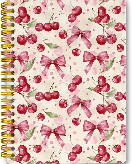 JKMBN Coquette Pink Bow Cherry Spiral Notebook for Women Girls, Vintage Journaling Notebooks, Cute Pink Notebook Journal, Pink Office Supplies, Hardcover Spiral Lined Notebook 5.5 x 8.3