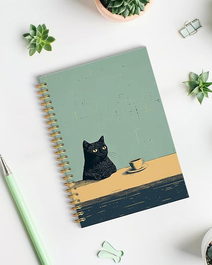 Vintage Coffee Black Cat Spiral Notebook, Black Cat Gifts Journal, Cats Lovers Mom Lady Gifts Journal Notebook, 5.5x8.3 Inch
