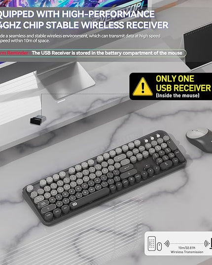 FOPETT Wireless Keyboard and Mouse Combo - Cute Colorful Mouse and Keyboard 2.4G Full-Sized with 104 Round Keys Retro Typewriter Keyboards for Laptop/Windows/PC - Grey Gradient