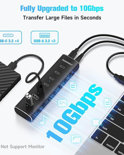 Rosonway 7 Ports Powered USB 3.2/USB C Hub 10Gbps with 4 USB-C 3.2, 3 USB-A 3.2 Ports, 3.3ft Cable and 36W(12V/3A) Power Adapter, Aluminum USB Splitter for Laptop, RSH-H7C4