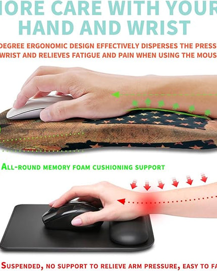Ergonomic Mouse Pad Wrist Support with Memory Foam Massage Bulge, Carpal Tunnel Pain Relief Mousepad Wrist Rest for Mouse(12x8 inch, USA Flag Map)