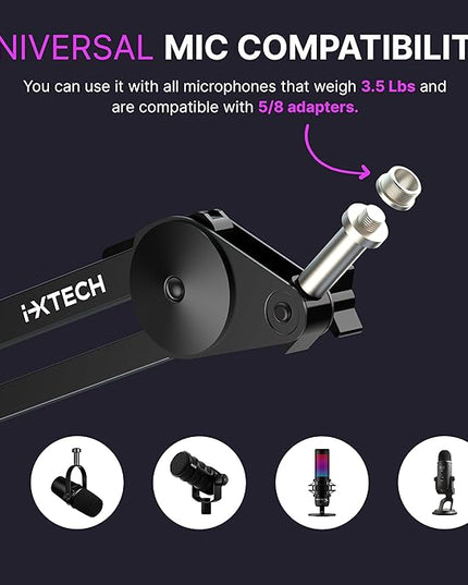 IXTECH Microphone Boom Arm Stand, Heavy Duty Adjustable Mic Stand with Cable Ties, Desk Mount Arm Stand for Gaming Streaming Podcasting.