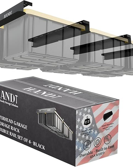 HANDT Overhead Garage Storage Rack, Connectable Heavy Duty Metal Ceiling Rails For Garage Storage Organization Shelving System, Hanging Racks For Tote Containers, Supports Up To 6 Bins, 4 Sets Black
