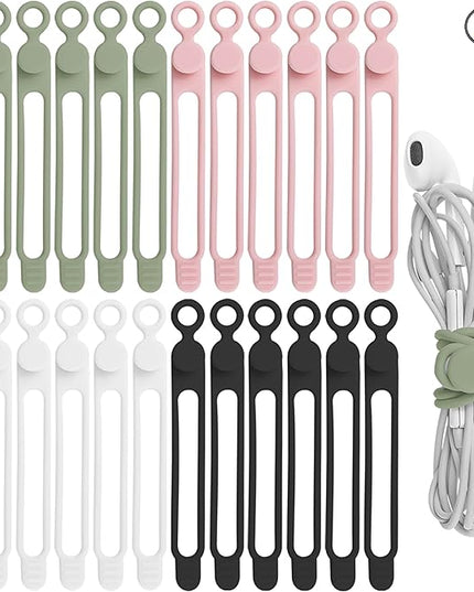 Nearockle 24Pcs Silicone Cable Straps Cord Organizer for Bundling Earphone, Phone Charger, Computer Cords, Reusable Cable Ties Wire Organizer in Home,Office,Kitchen,School (4 Colors)