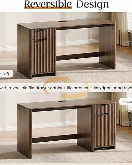 60" Fluted Home Office Desks with Storage, Modern Executive Desk Computer Desk with Drawer & Cabinet, Wood Work Desk for Office, Bedroom, Study, Living Room, Walnut