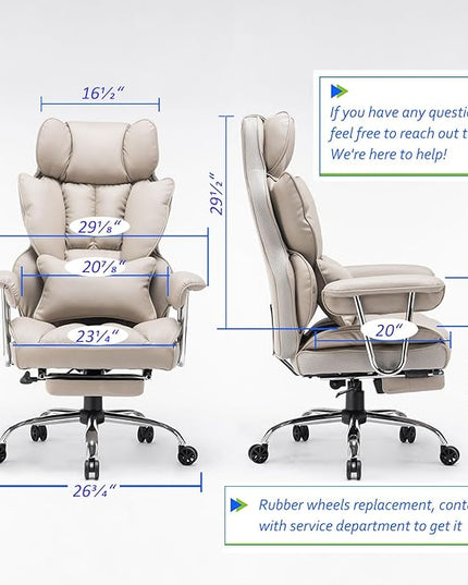 Efomao Big and Tall Office Chair 400lbs – PU Leather Executive Office Chair with Lumbar Support & Leg Rest, Heavy-Duty Computer Chair for Home Office, Grey